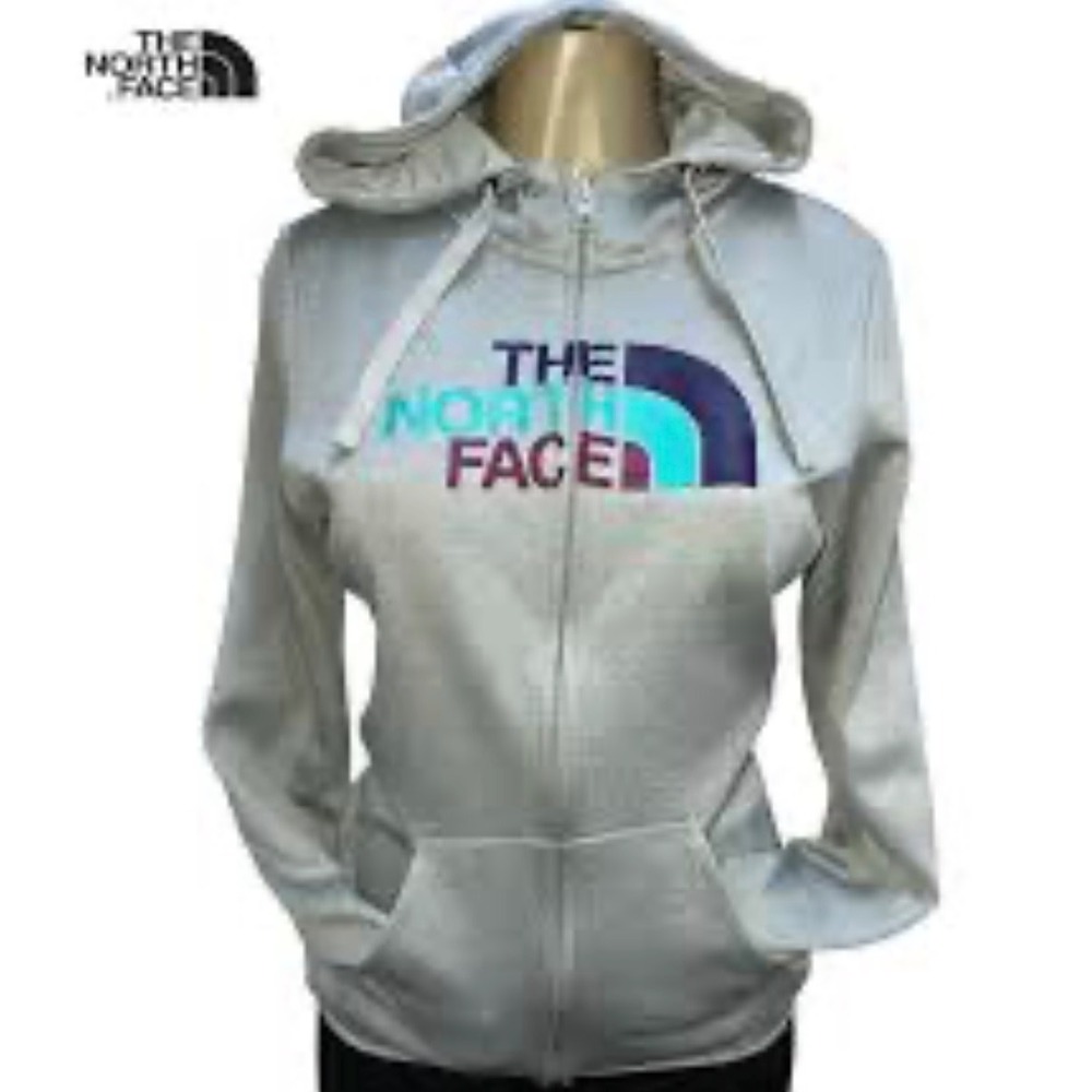 The North Face Womens Half Dome Full-Zip‎ Hoodie L Gray Logo Thumbhole Rainbow